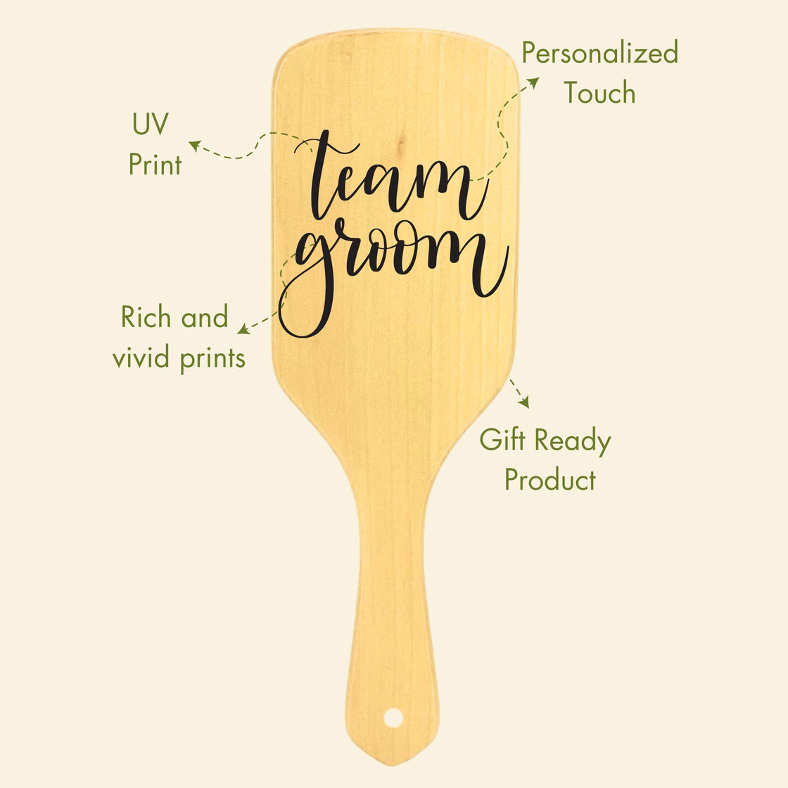  Allure Personalised wooden paddle hair brush with team groom print