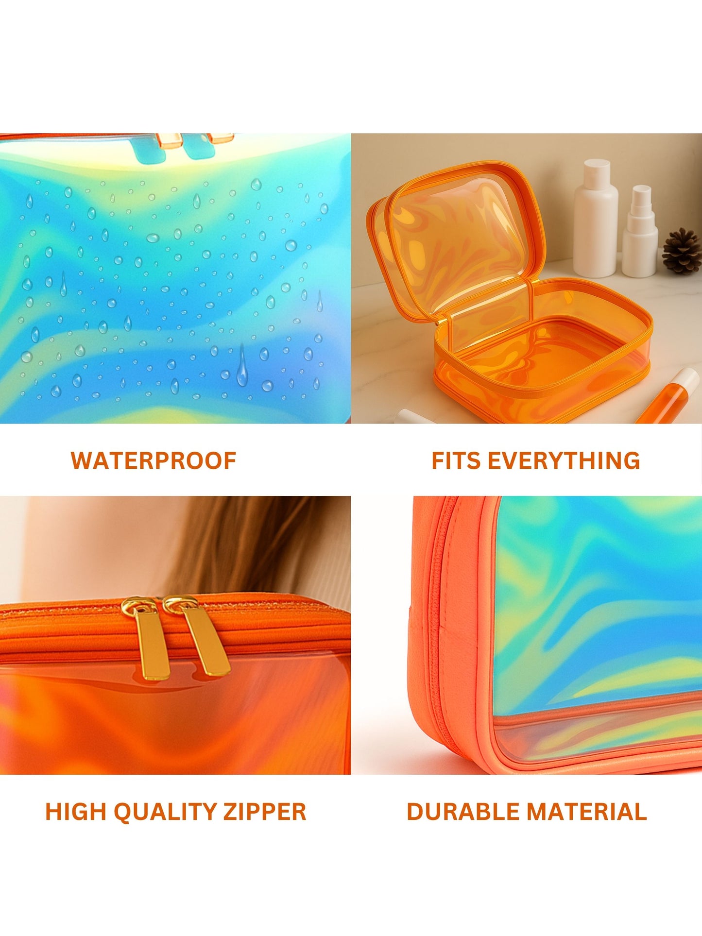Allure Large Orange Holographic Makeup Pouch | Cosmetic Bag & Travel Organizer