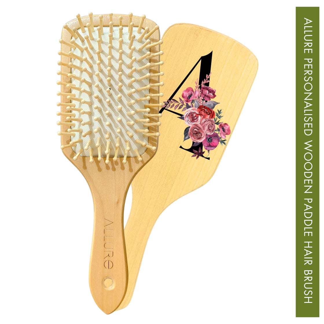Allure Personalised wooden paddle hair brush with letter A