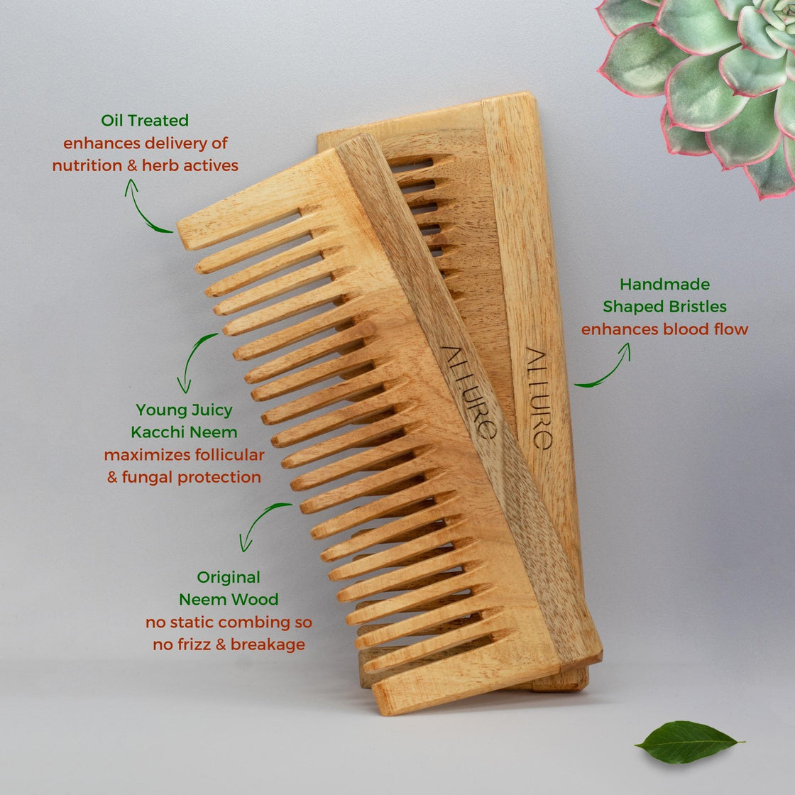 Allure Neem Wood Pack of 2 Shampoo Hair Combs (CS-01)