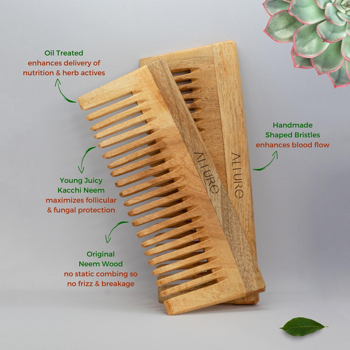 Allure Wooden Neem Comb CS-01 - Pack of 2
