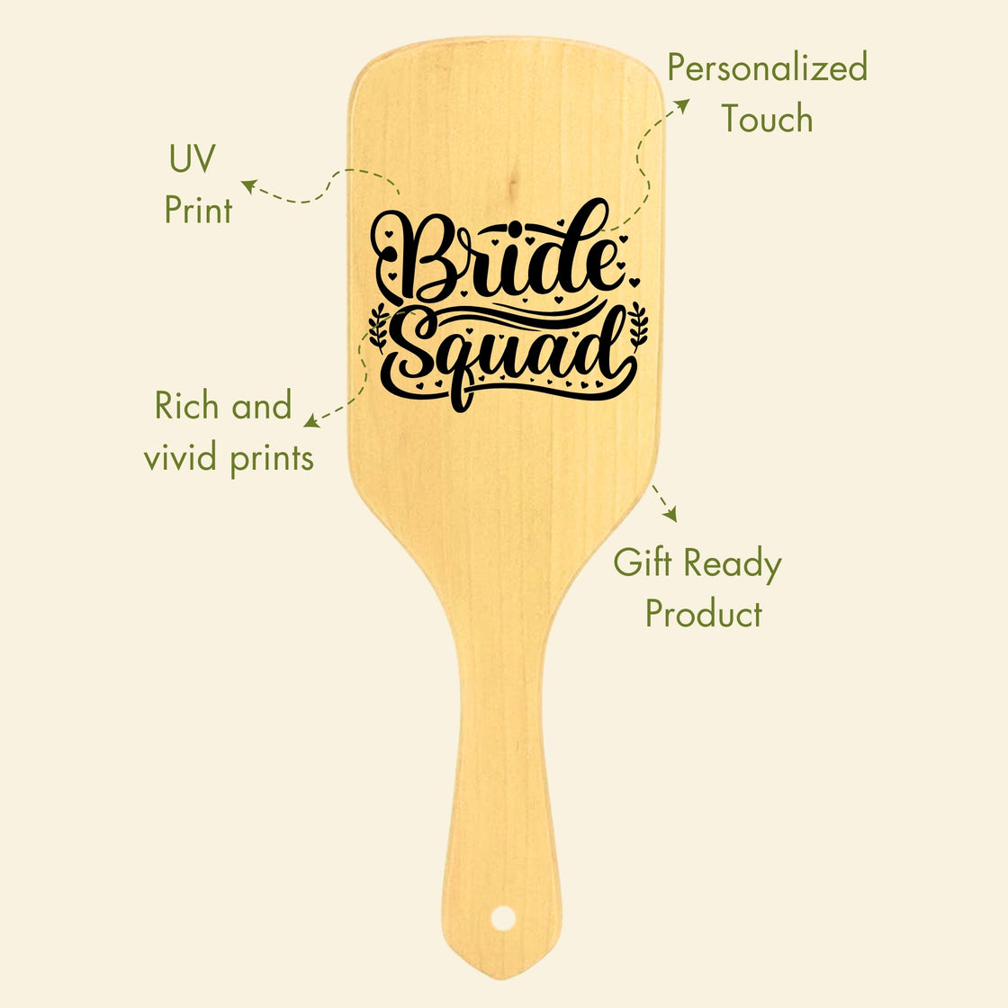 Allure Personalised wooden paddle hair brush with bride squad print
