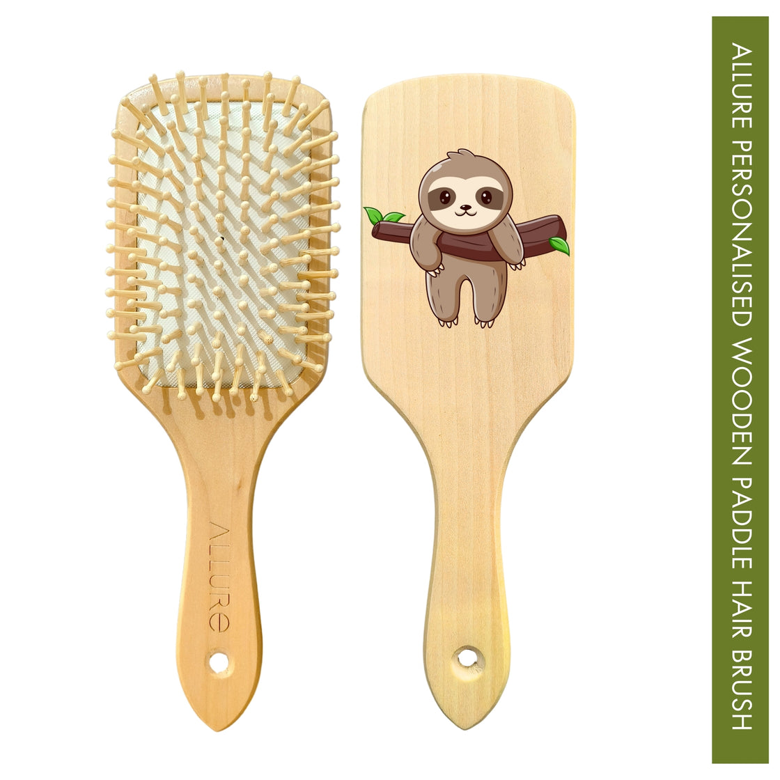 Allure Personalised wooden paddle hair brush with sloth print
