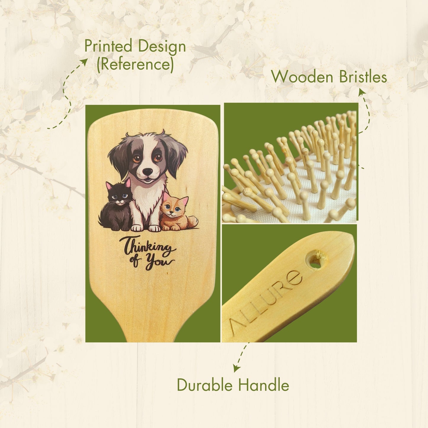 Allure Personalised wooden paddle hair brush with sloth print