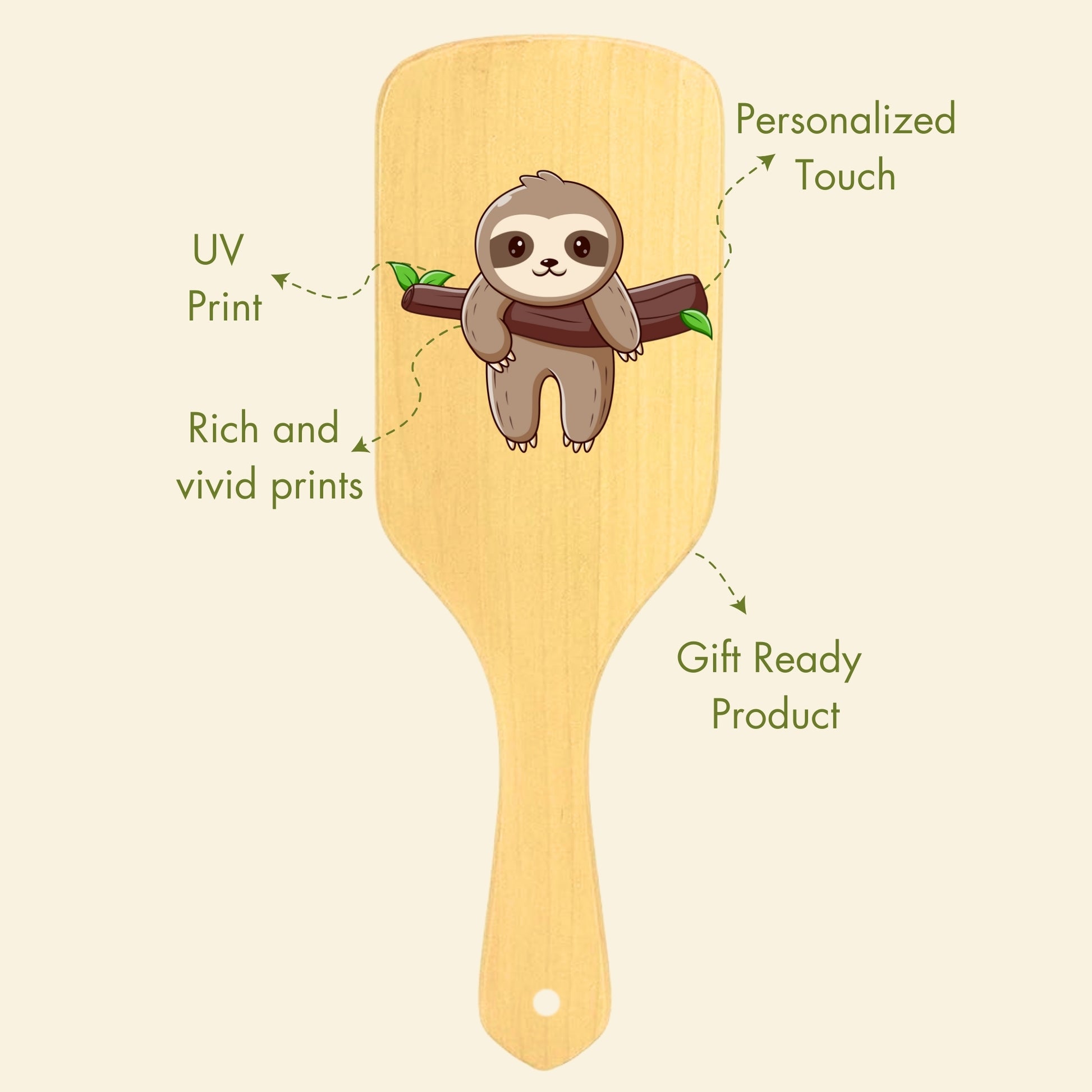 Allure Personalised wooden paddle hair brush with sloth print