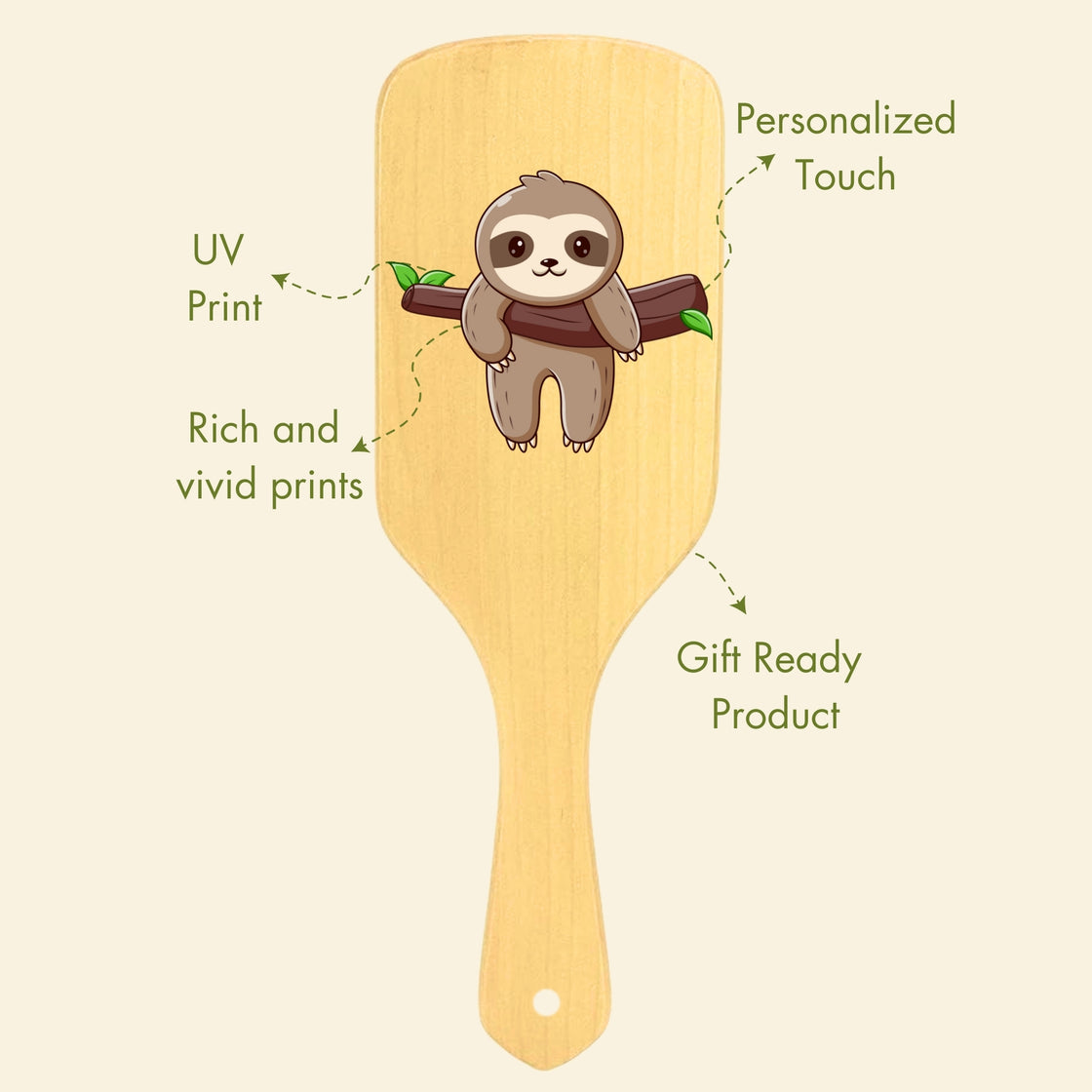 Allure Personalised wooden paddle hair brush with sloth print