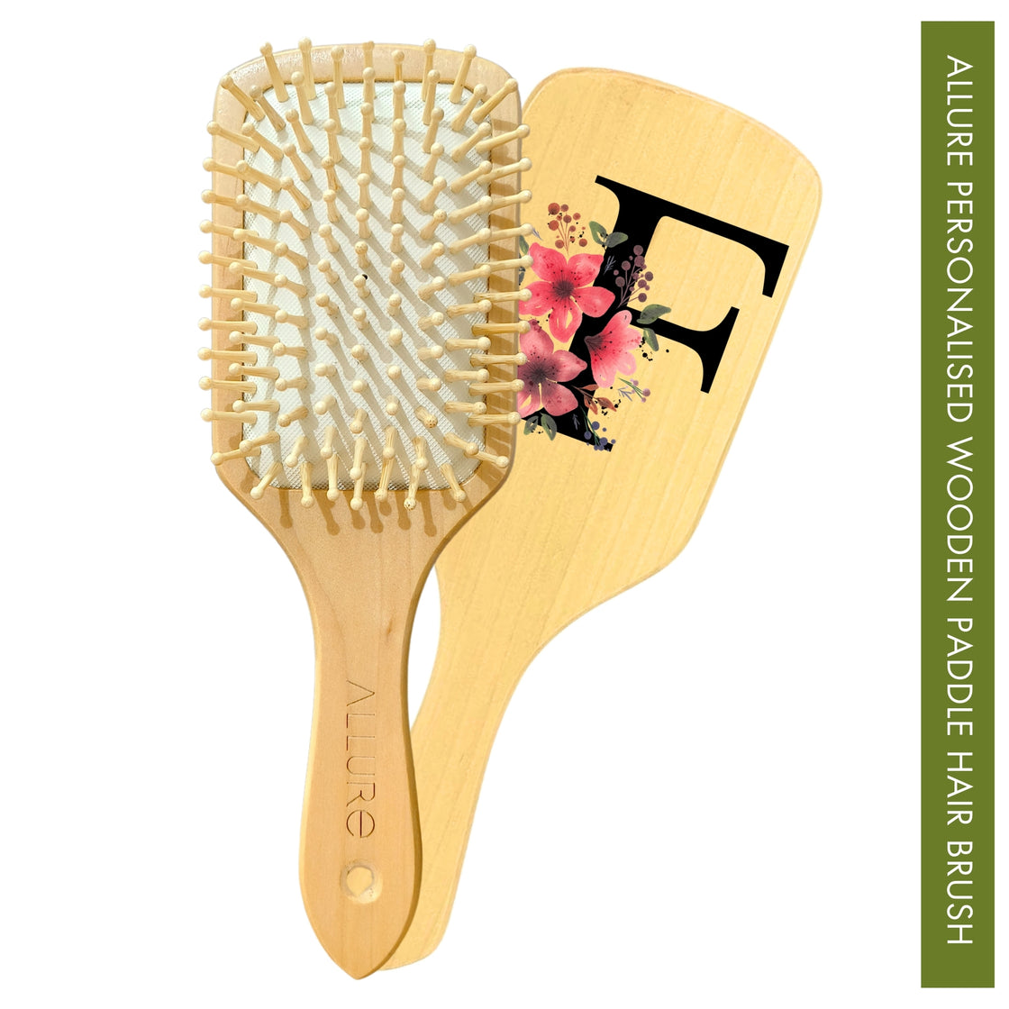  Allure Personalised wooden paddle hair brush with letter F