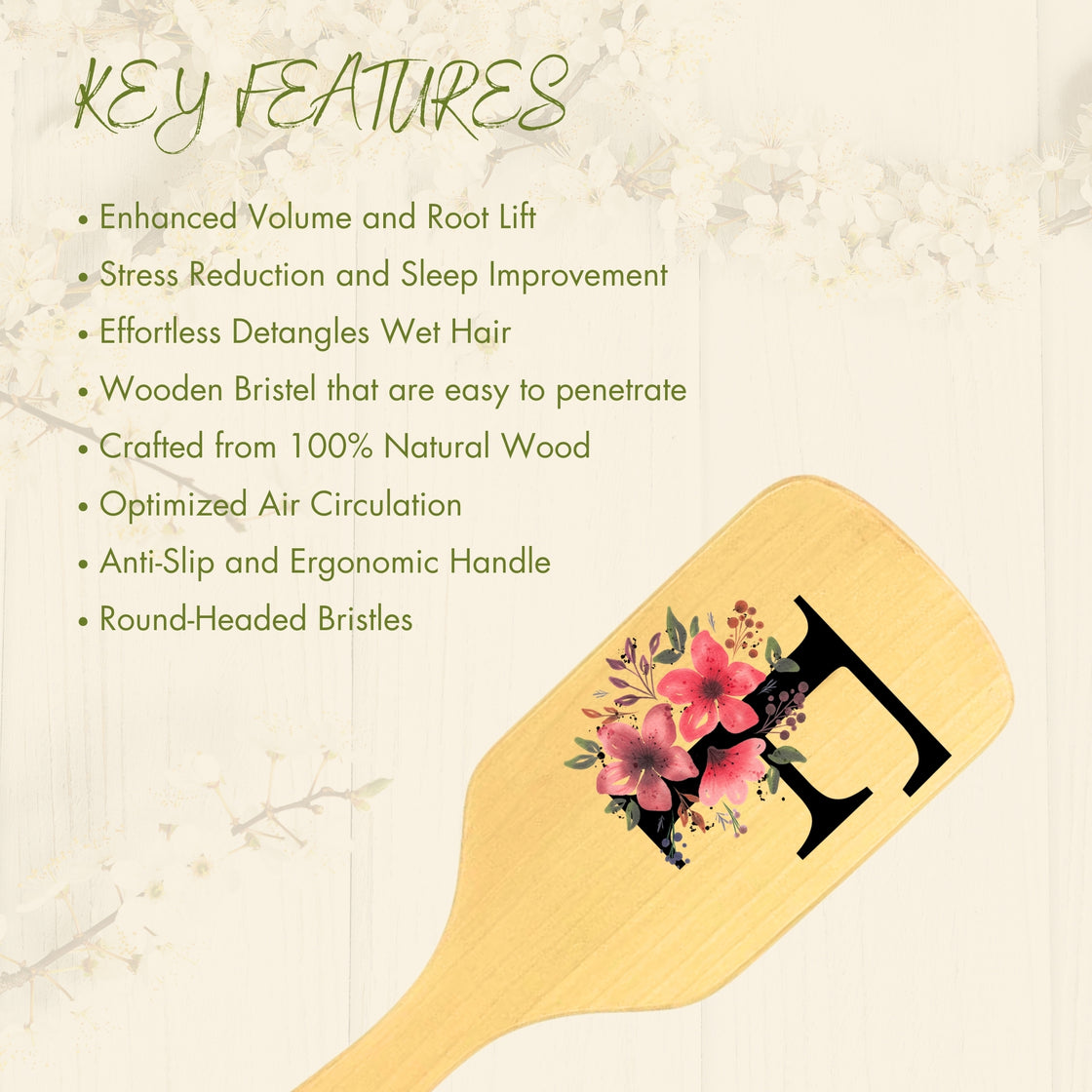  Allure Personalised wooden paddle hair brush with letter F