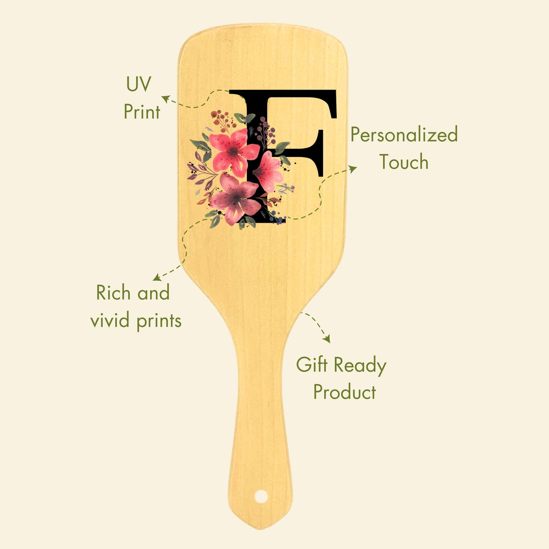  Allure Personalised wooden paddle hair brush with letter F