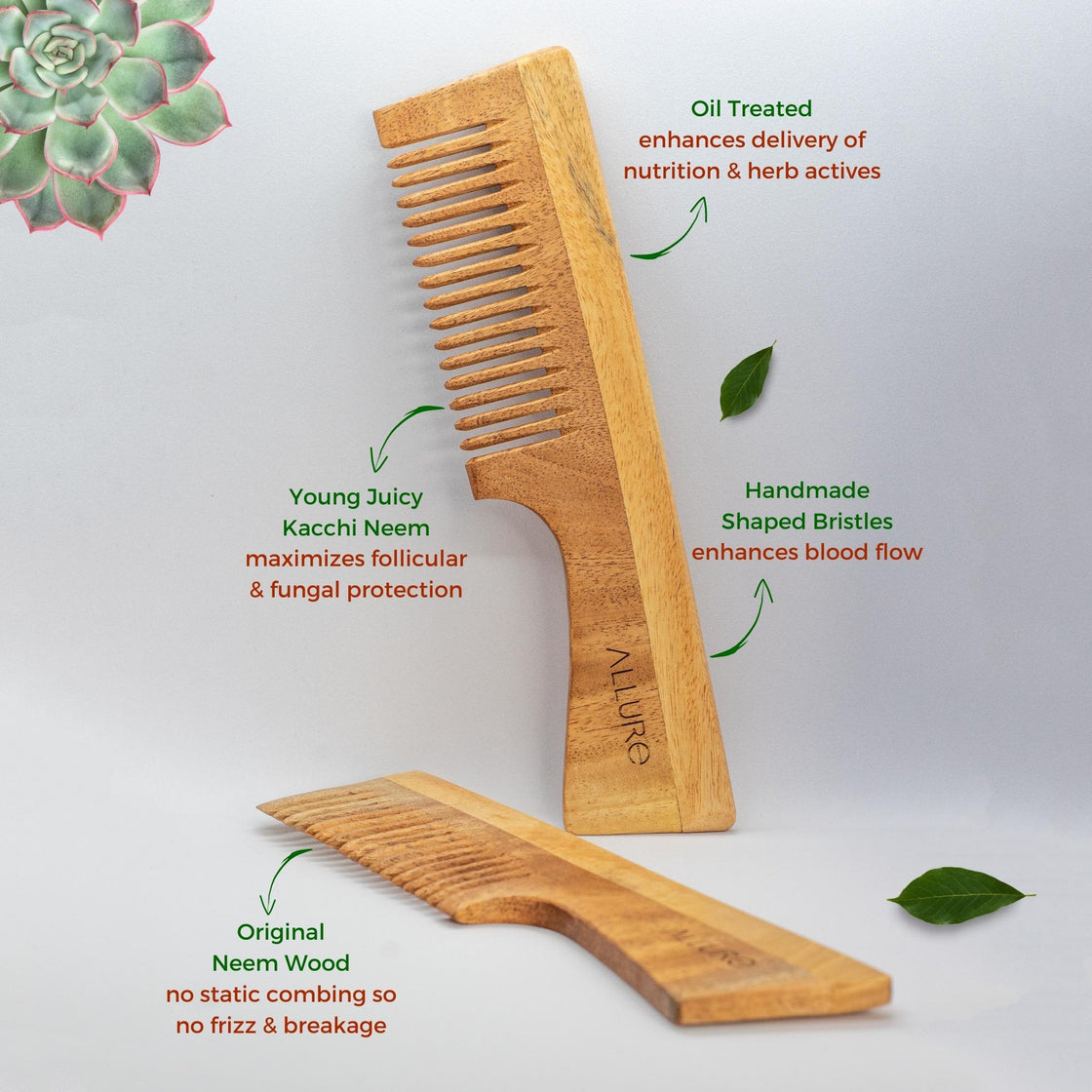 Allure Neem Wood Detangle Hair Combs (CD-02) Pack of 2