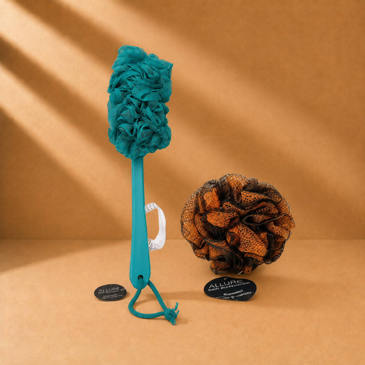 Allure Bath Brush & Loofah Set (Pack of 2 Assorted Metallic Colors Loofha)
