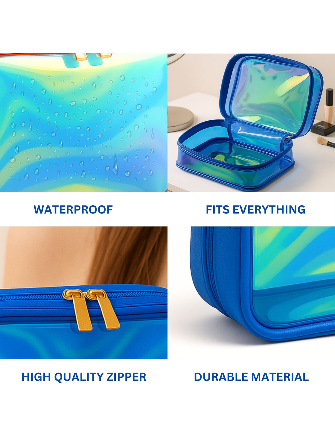 Allure Large Blue Holographic Makeup Pouch | Cosmetic Bag & Travel Organizer