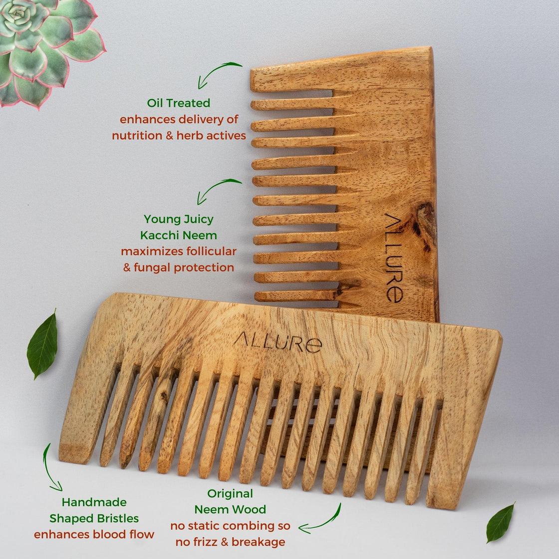 Allure Neem Wood Pack of 2 Shampoo Hair Combs (CS-02)