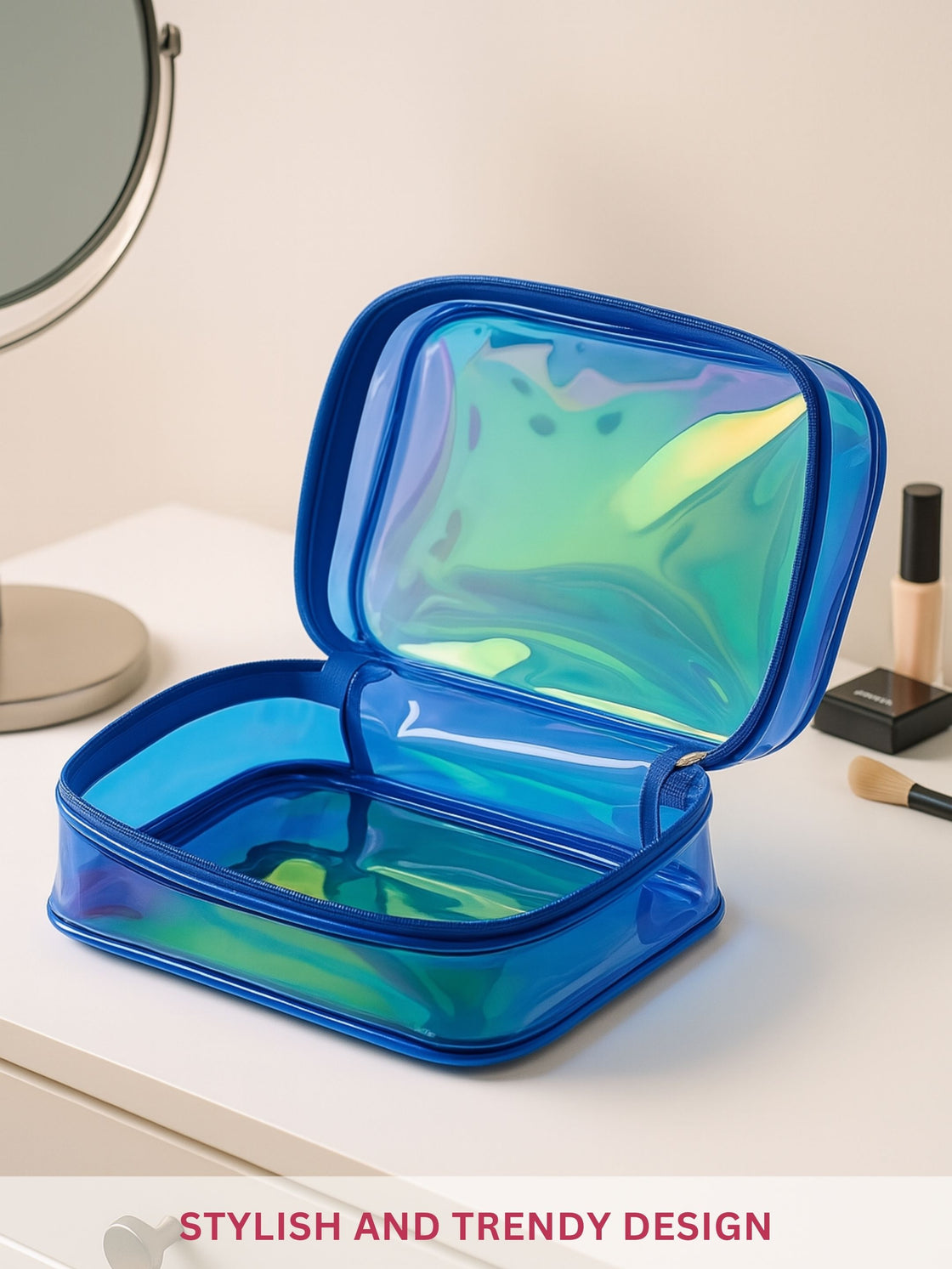 Allure Large Blue Holographic Makeup Pouch | Cosmetic Bag & Travel Organizer