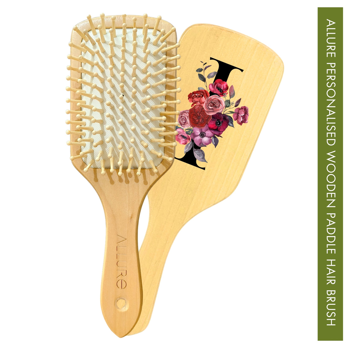 Allure Personalised wooden paddle hair brush with letter I