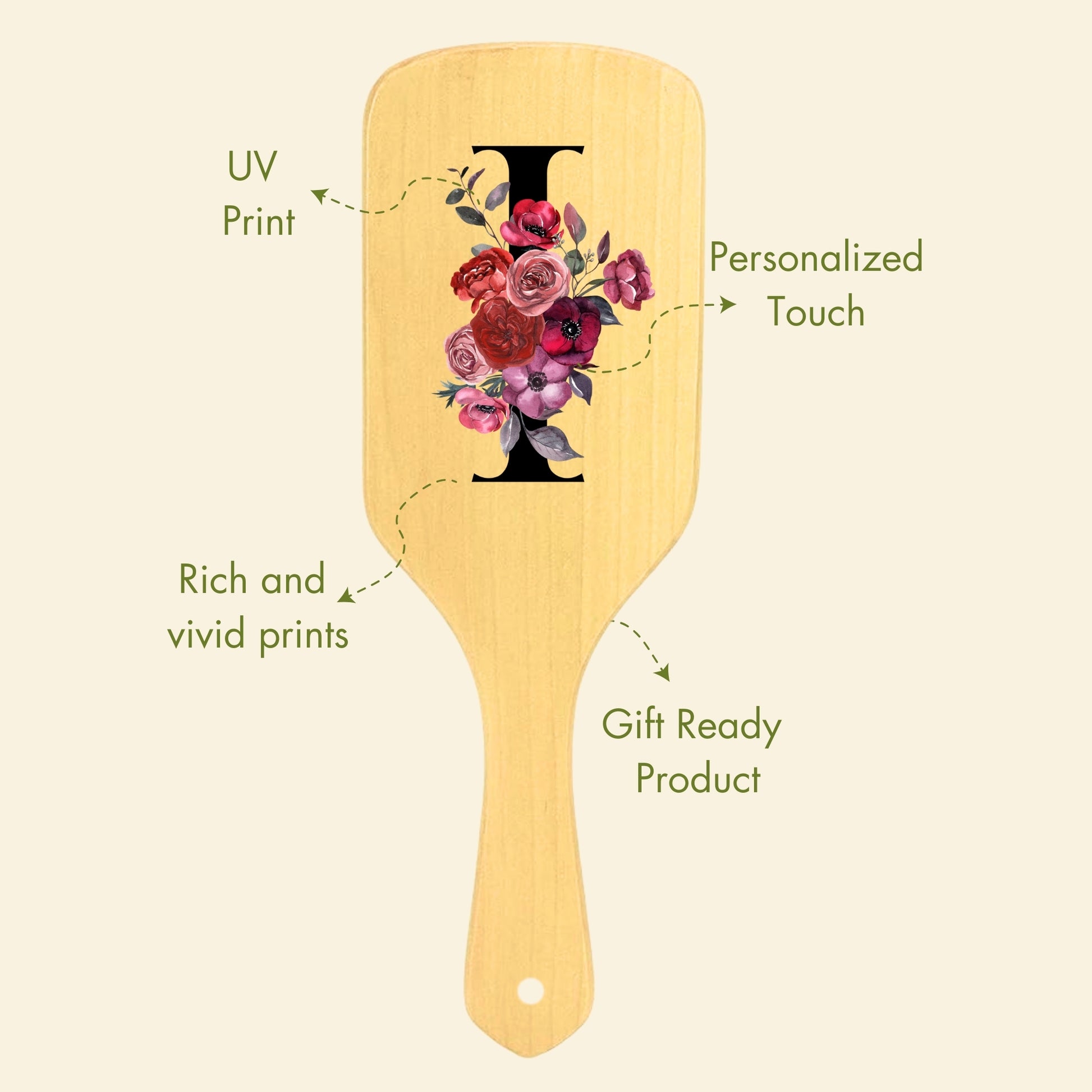 Allure Personalised wooden paddle hair brush with letter I