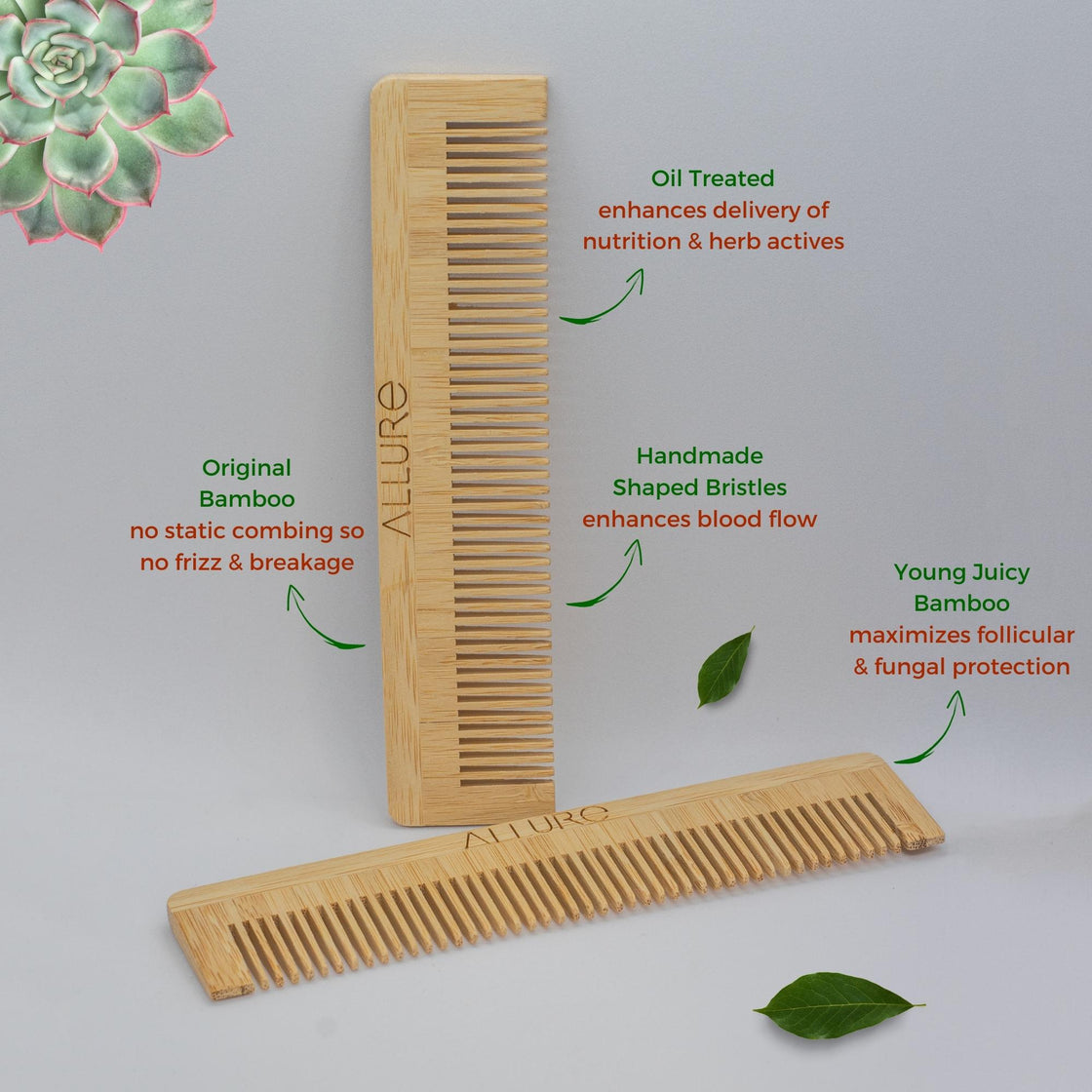 Allure Neem Wood Bamboo Pocket Hair Combs (CB-01 Pack of 2)