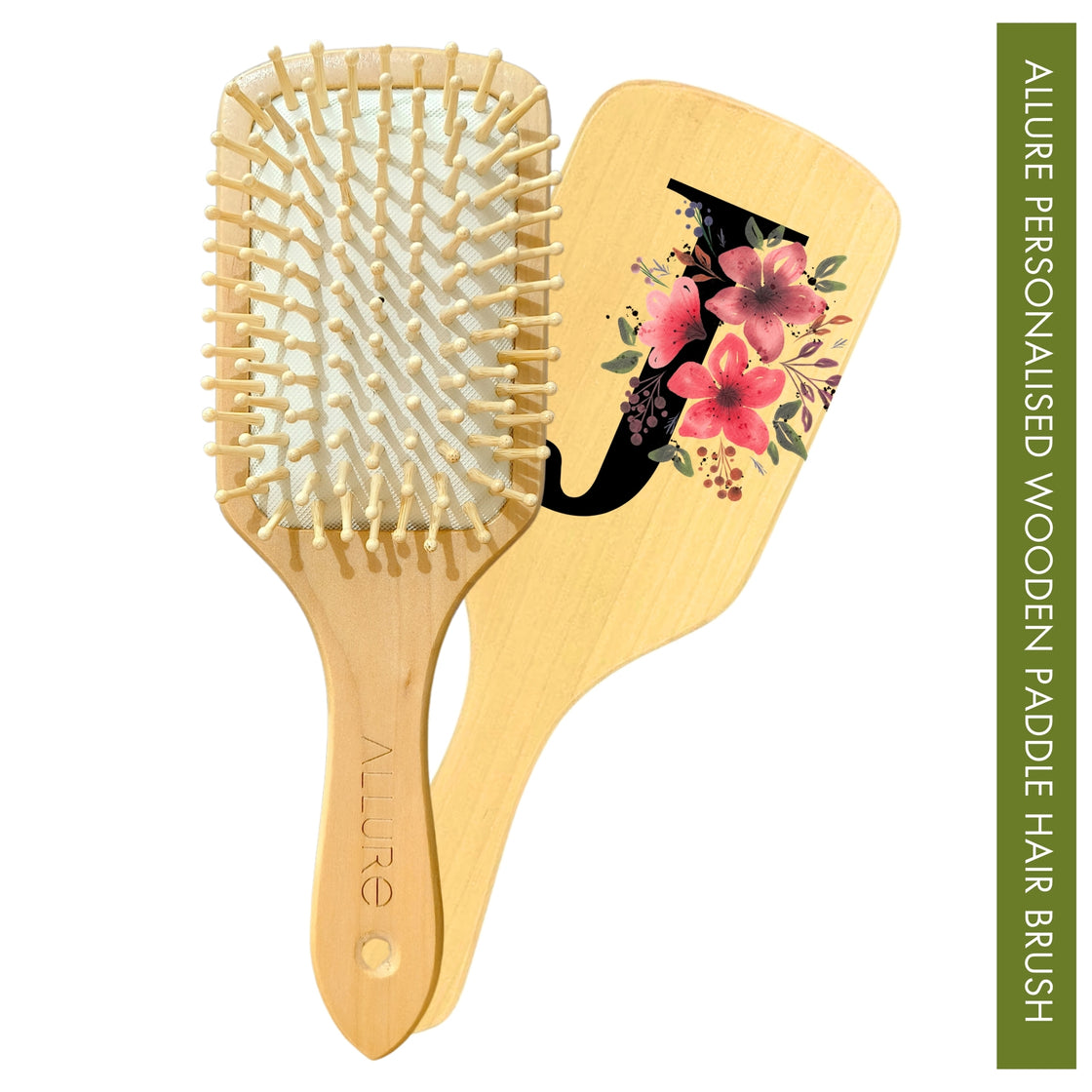 Allure Personalised wooden paddle hair brush with letter J 