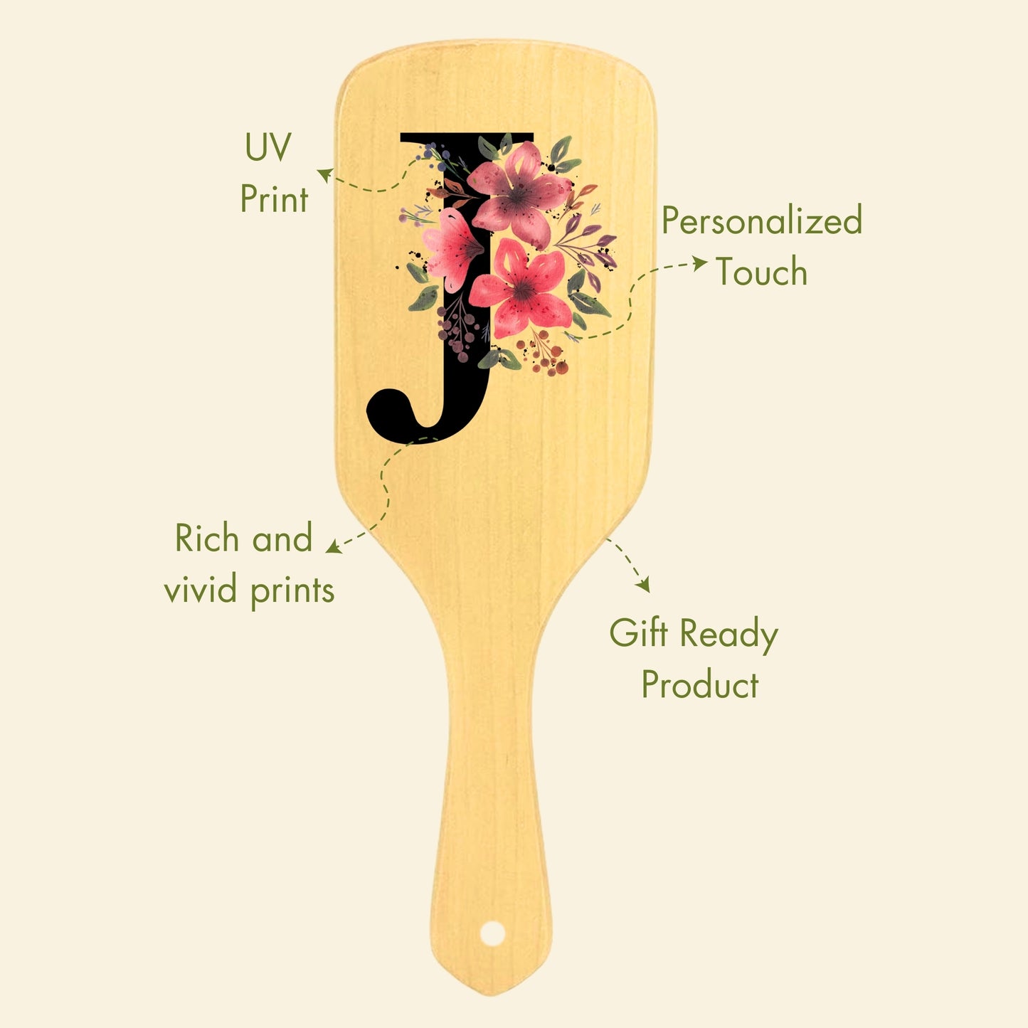 Allure Personalised wooden paddle hair brush with letter J 