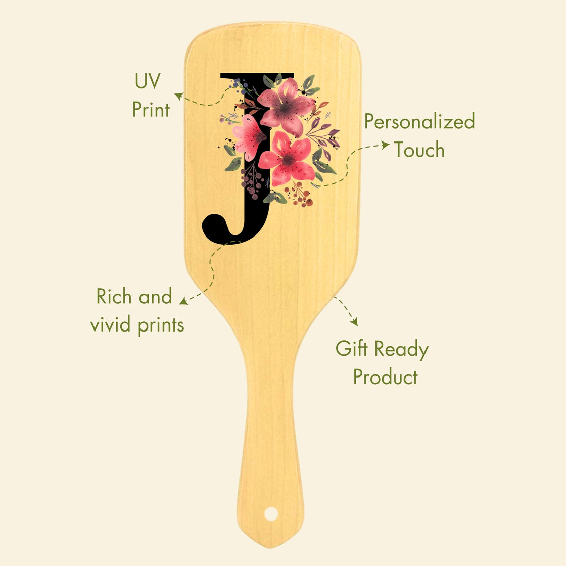 Allure Personalised wooden paddle hair brush with letter J 