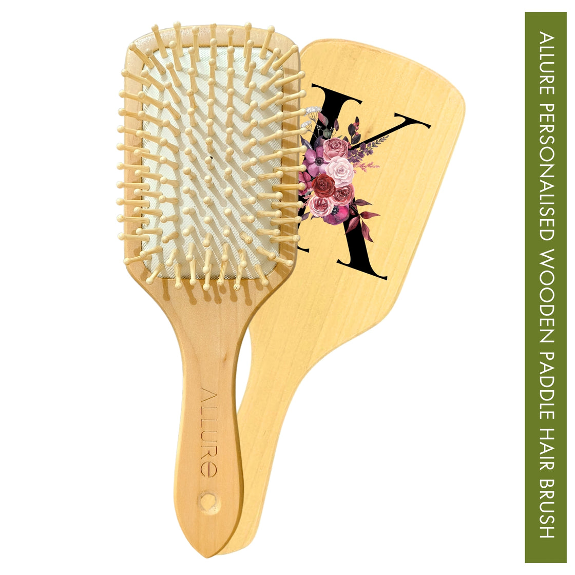 Allure Personalised wooden paddle hair brush with letter K