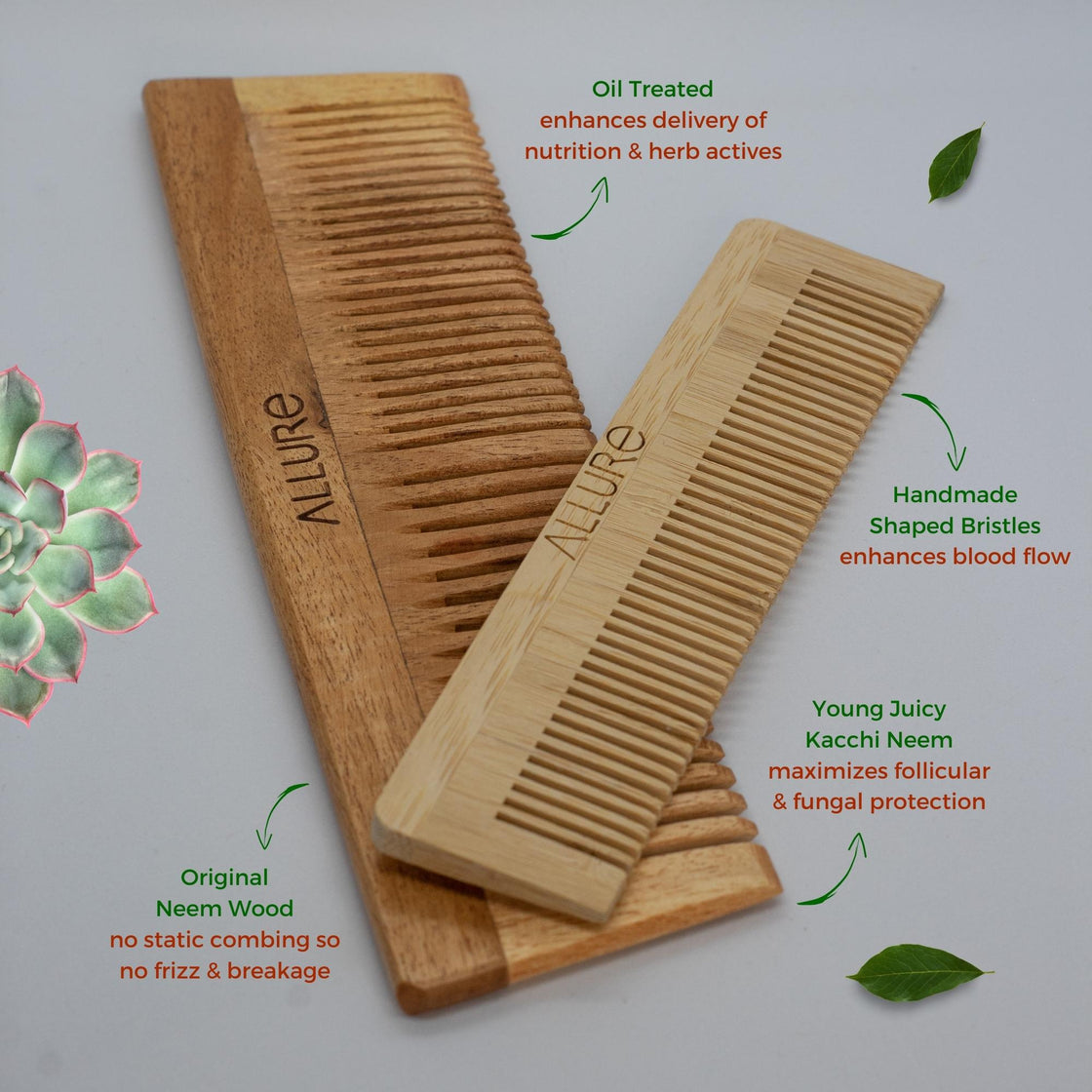 Allure Neem Wood Regular and Pocket Hair Combs (CB-01+CR-01)