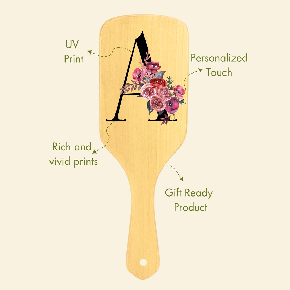 Allure Personalised wooden paddle hair brush with letter A