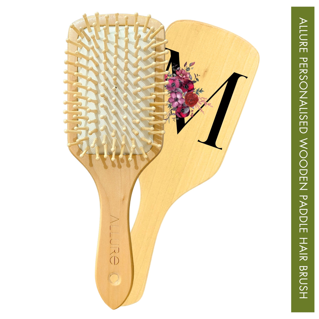 Allure Personalised wooden paddle hair brush with letter M