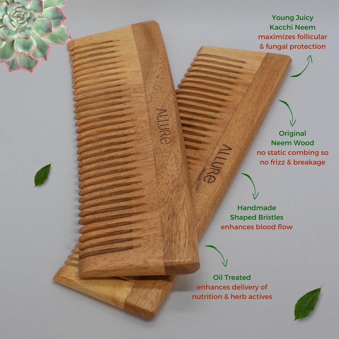 Allure Neem Wood Detangle and Dual Head Hair Combs (CD-01+CR-01)