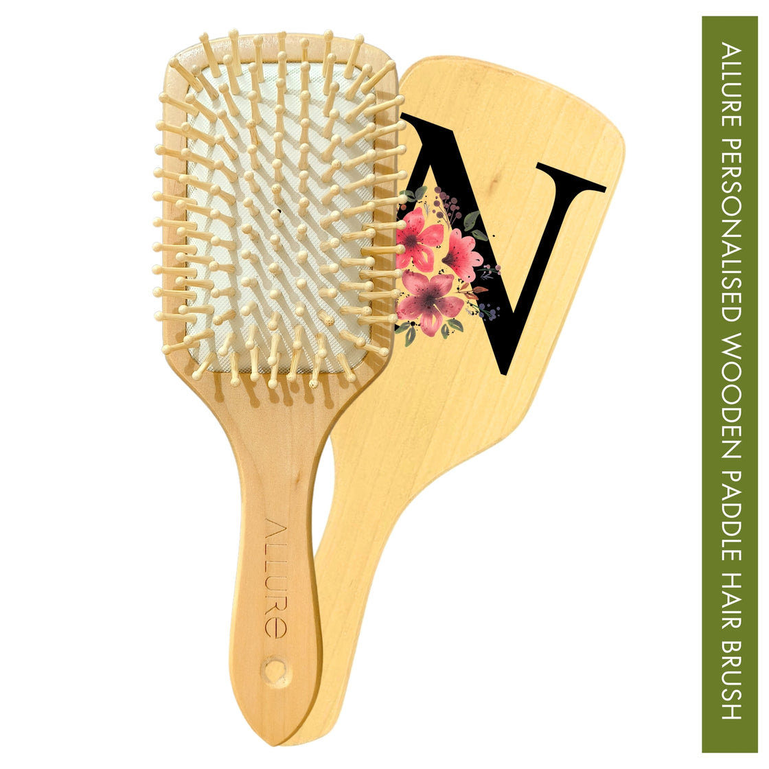 Allure Personalised wooden paddle hair brush with letter N 