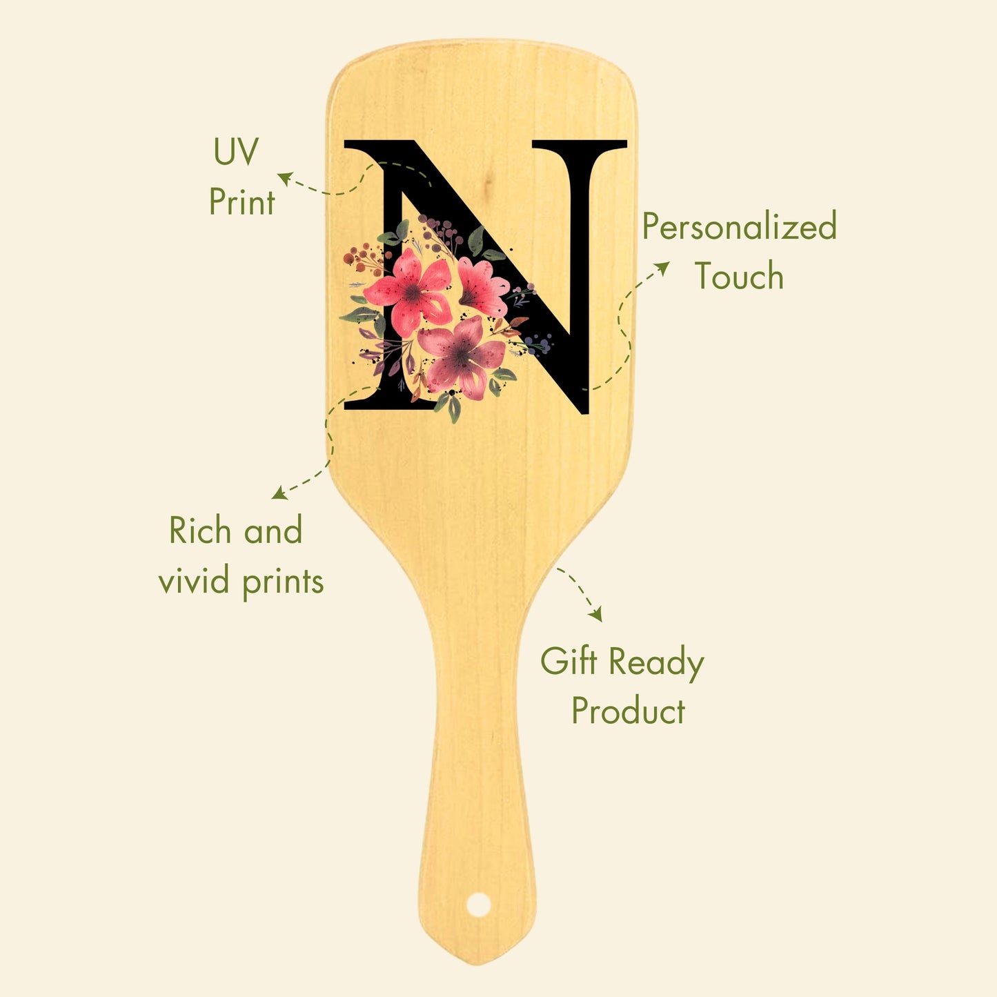 Allure Personalised wooden paddle hair brush with letter N 
