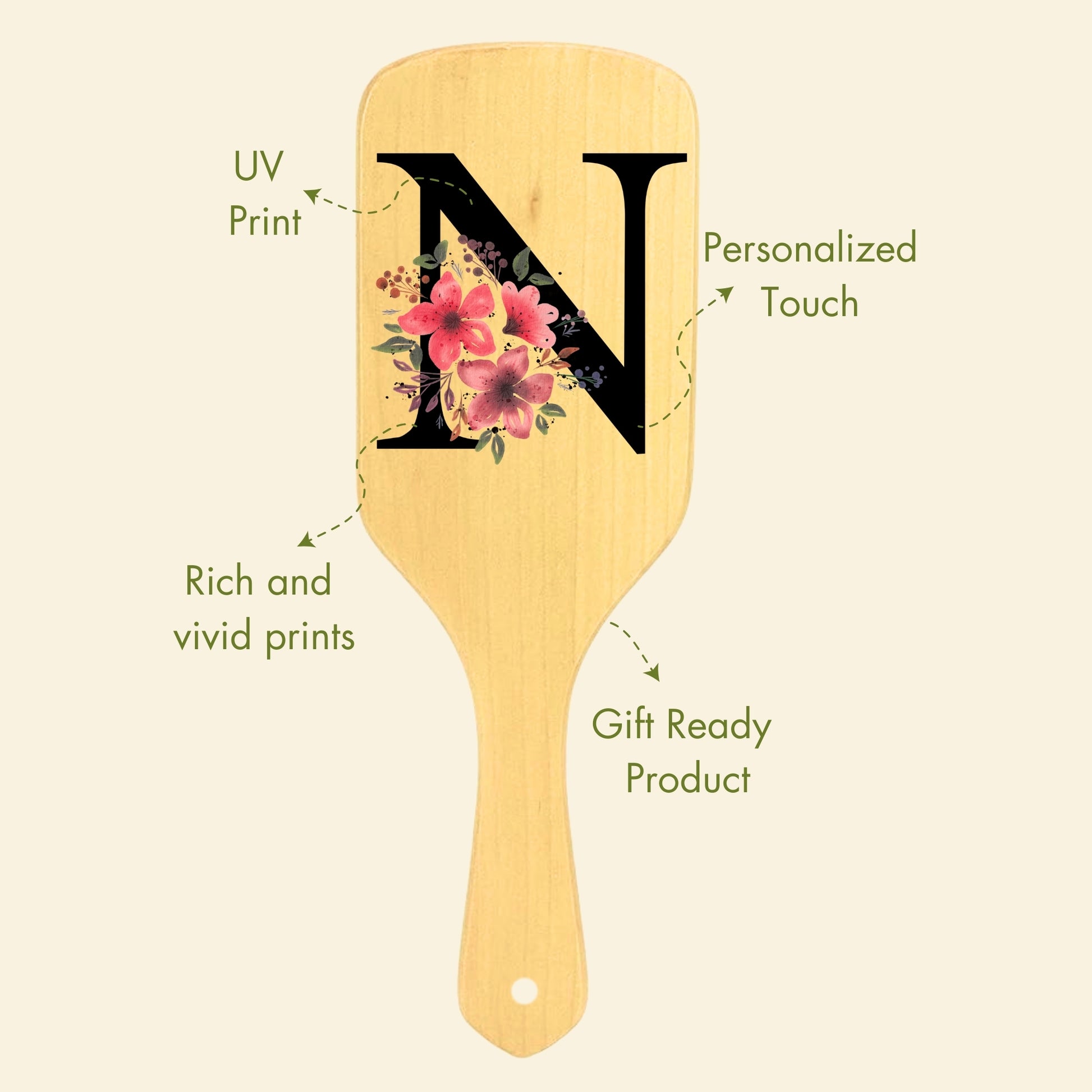 Allure Personalised wooden paddle hair brush with letter N 