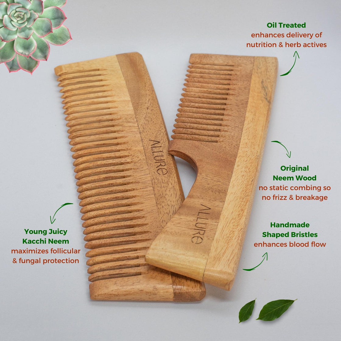 Allure Neem Wood Pack of 2 Detangle Hair Combs