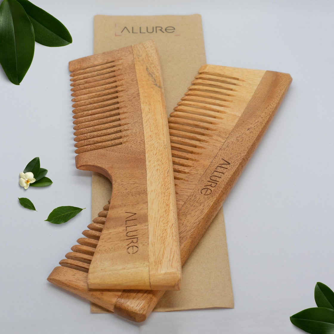 Allure Neem Wood Pack of 2 Detangle Hair Combs