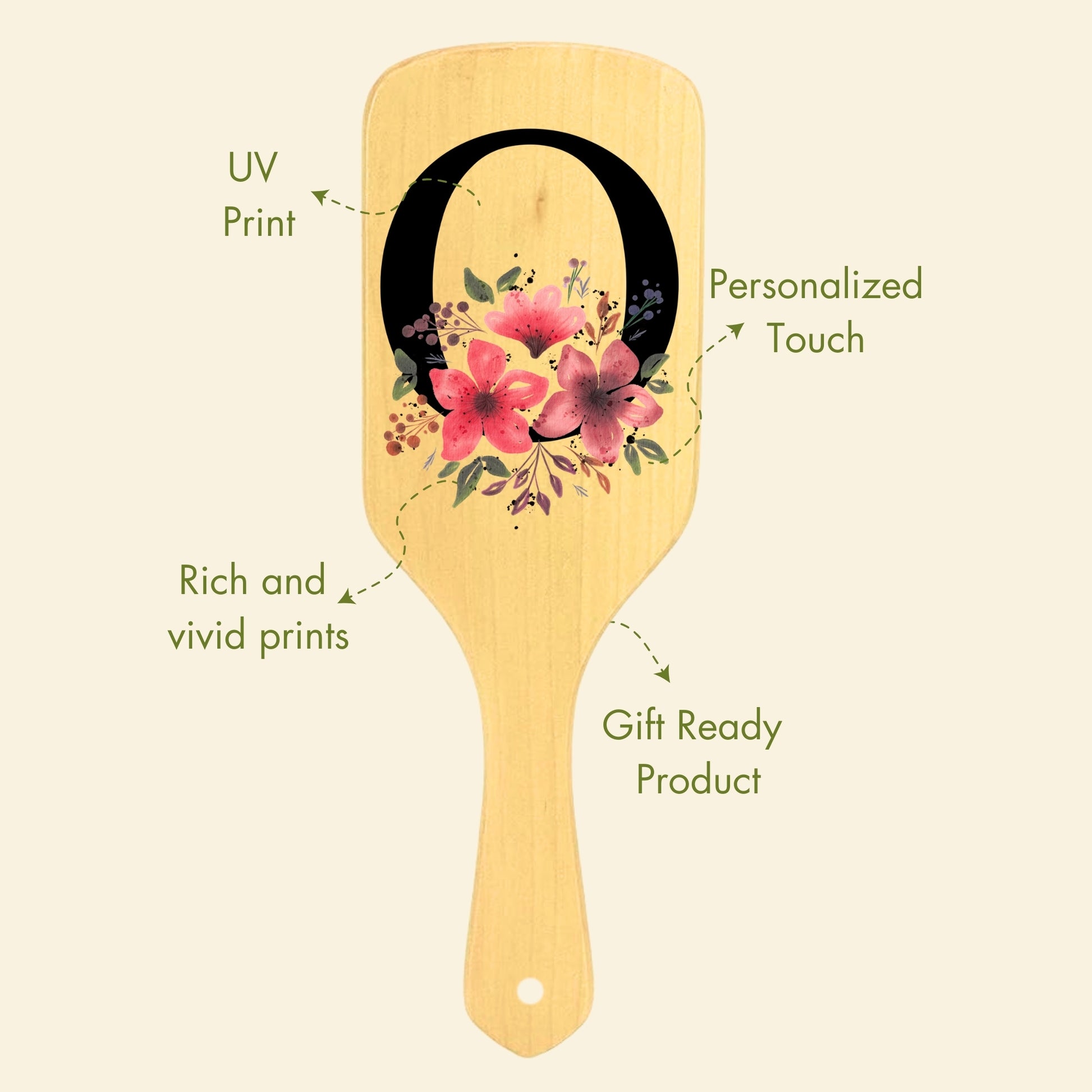 Allure Personalised wooden paddle hair brush with letter O 