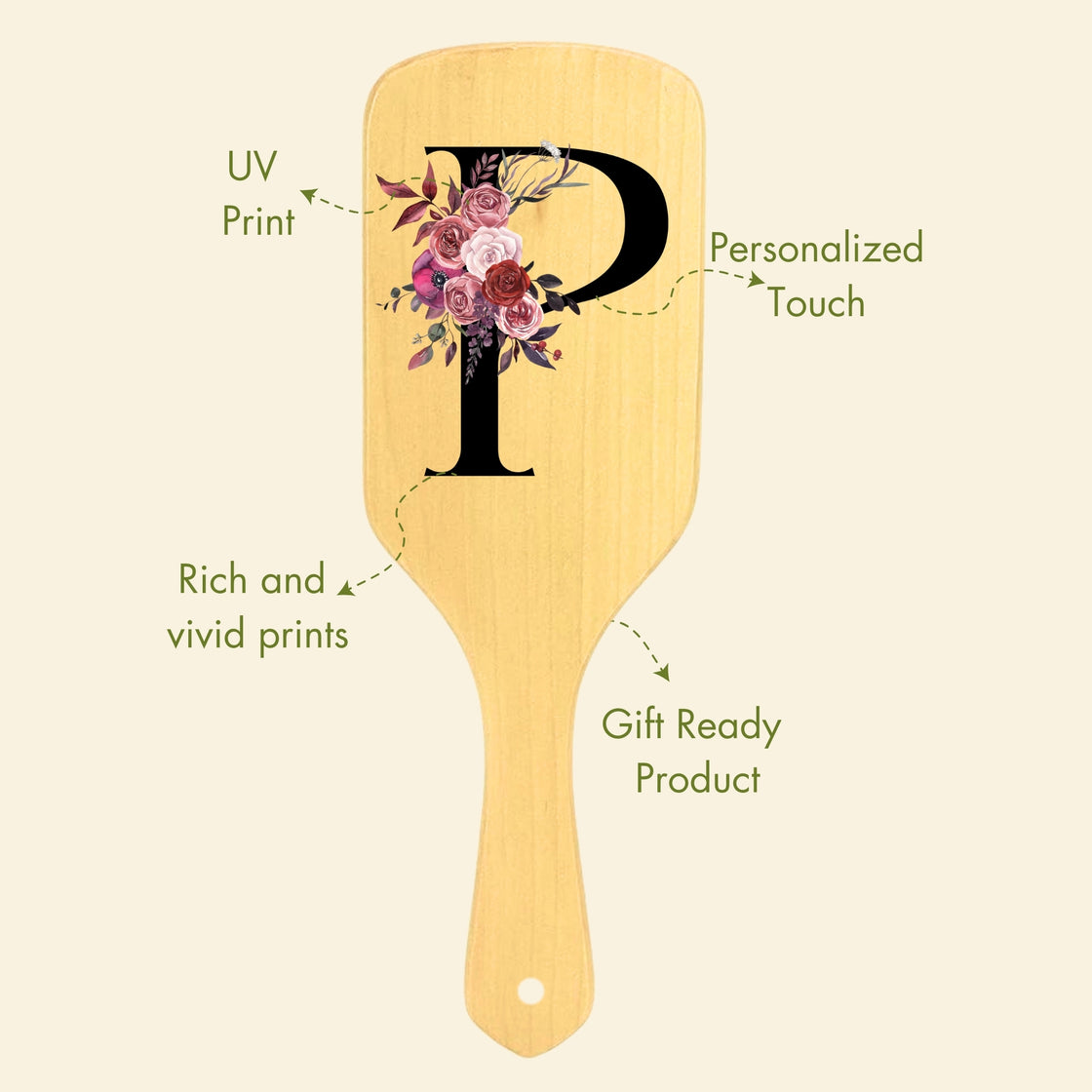 Allure Personalised wooden paddle hair brush with letter P