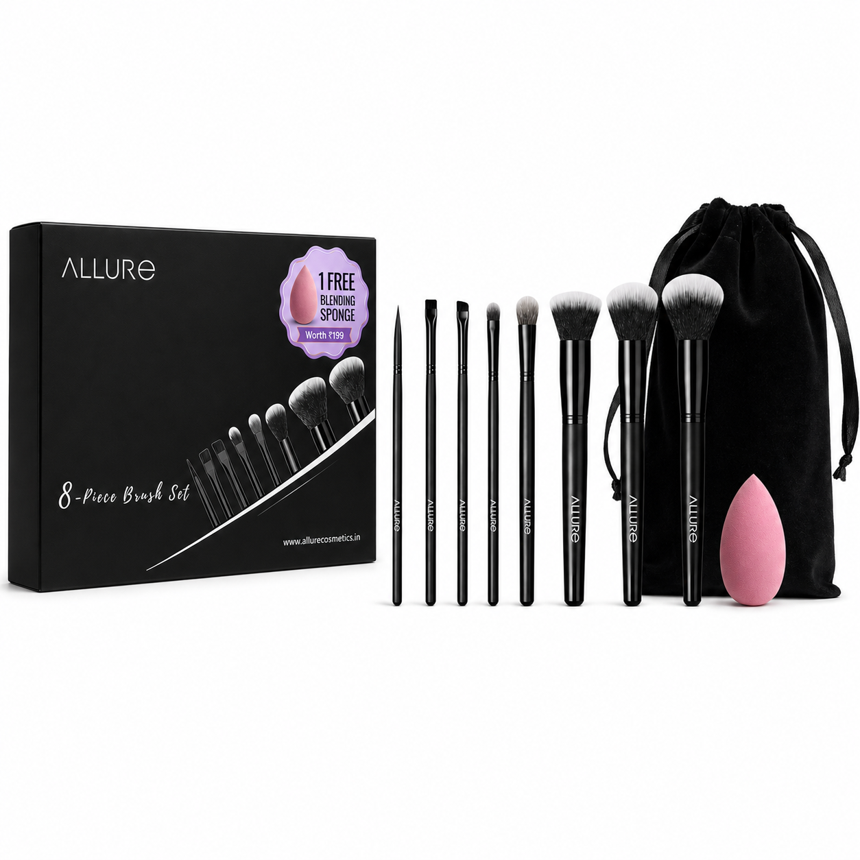 Allure Premium Makeup Brush Set of 8 + Free Beauty Blender
