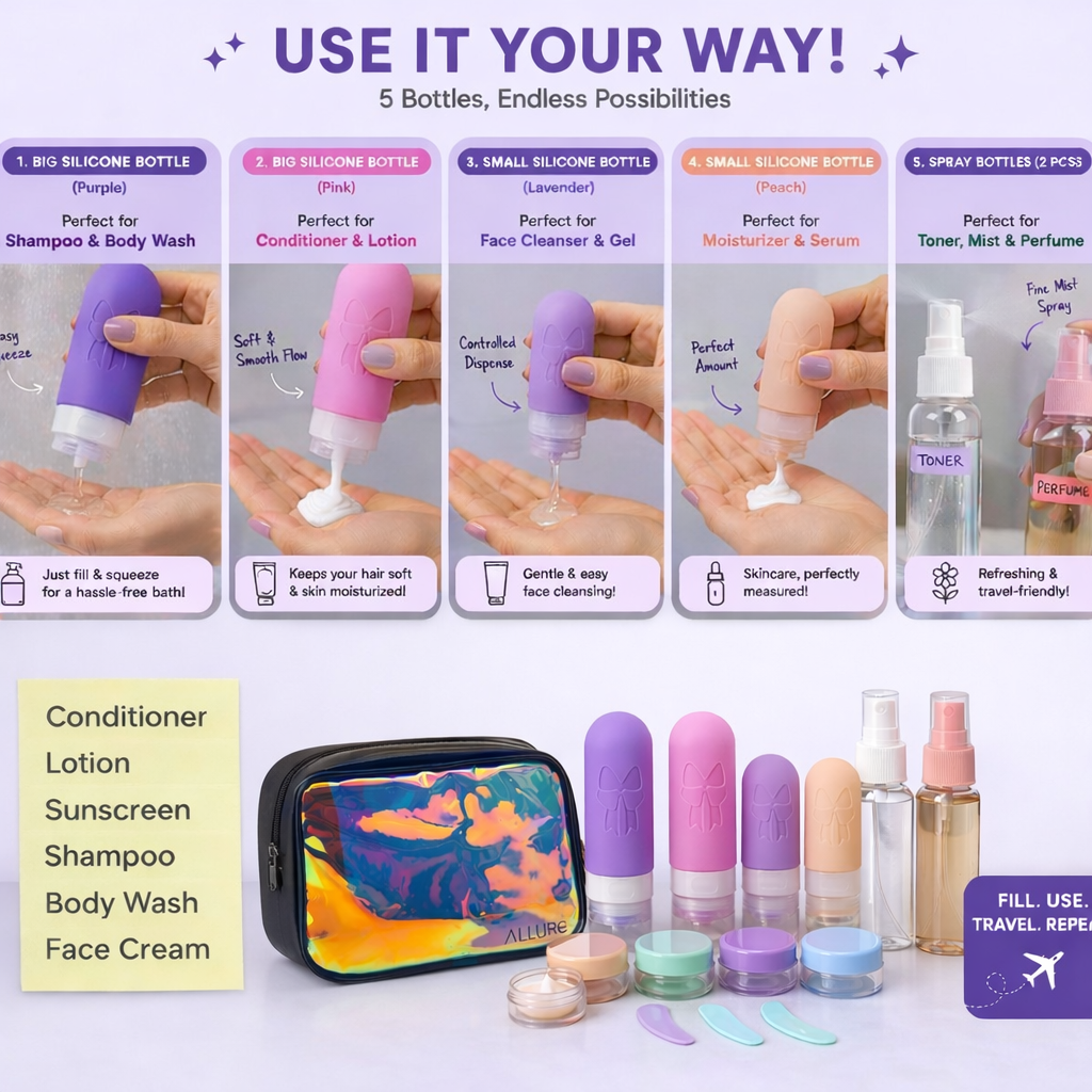 Allure Leakproof Travel Containers – Refillable Bottle Set for Toiletries