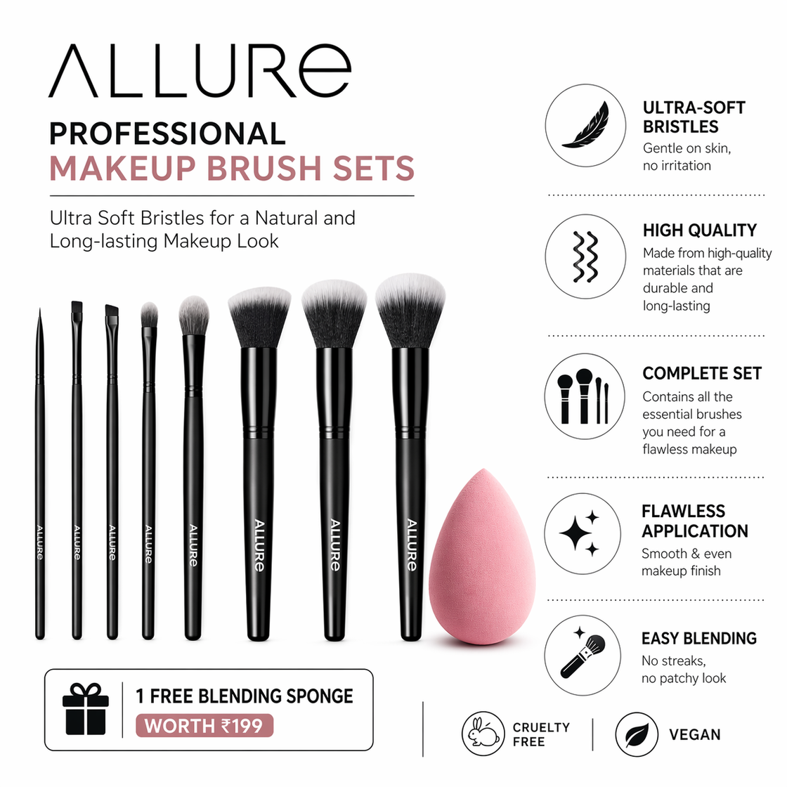 Allure Premium Makeup Brush Set of 8 + Free Beauty Blender