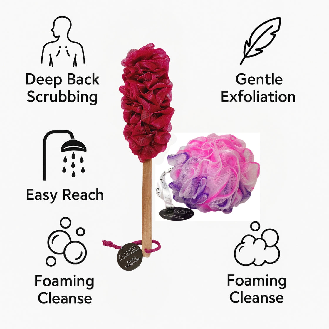 Allure wooden Bath Brush & Loofah Set (Pack of 2 Assorted Dual Colors Loofha)