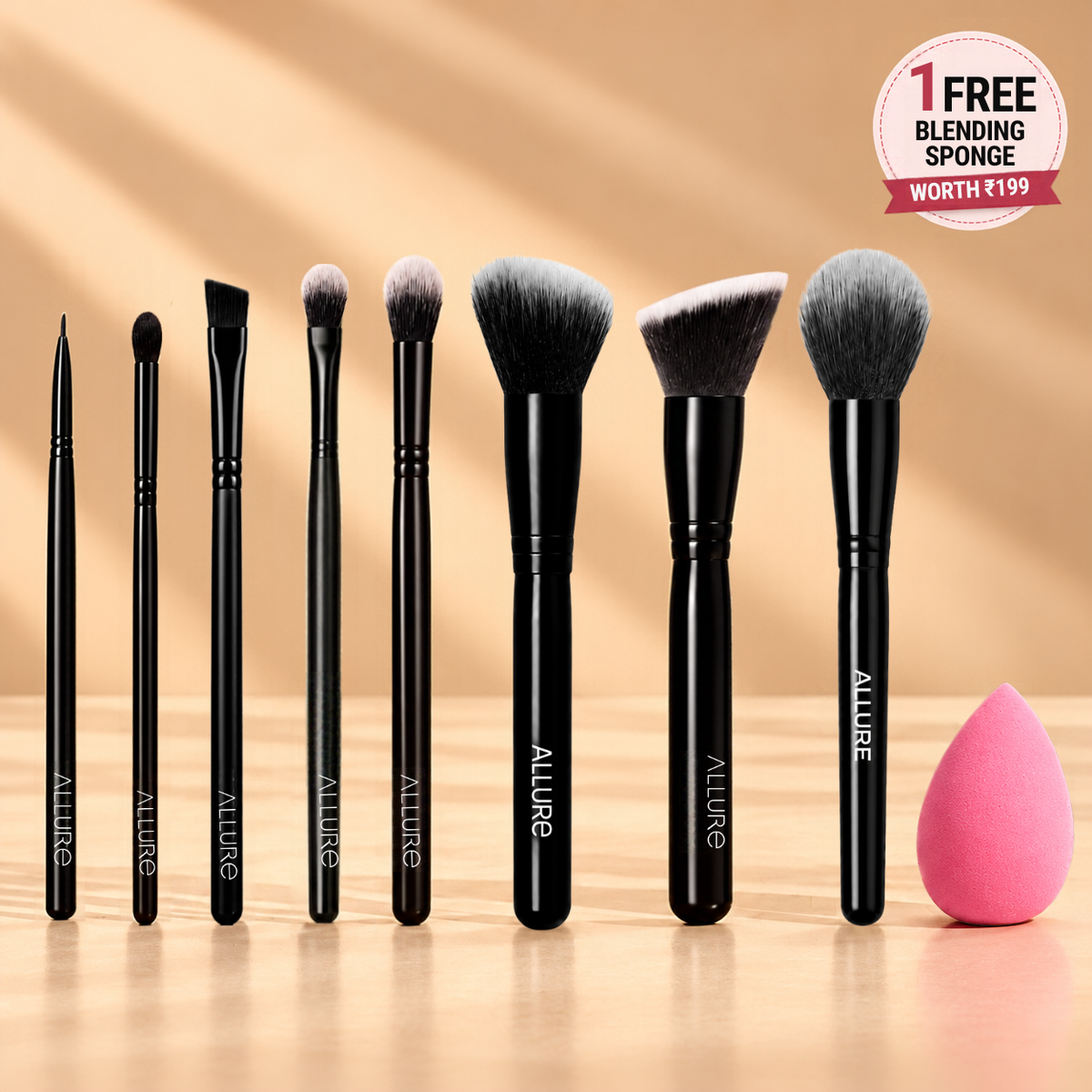 Allure Premium Makeup Brush Set of 8 + Free Beauty Blender