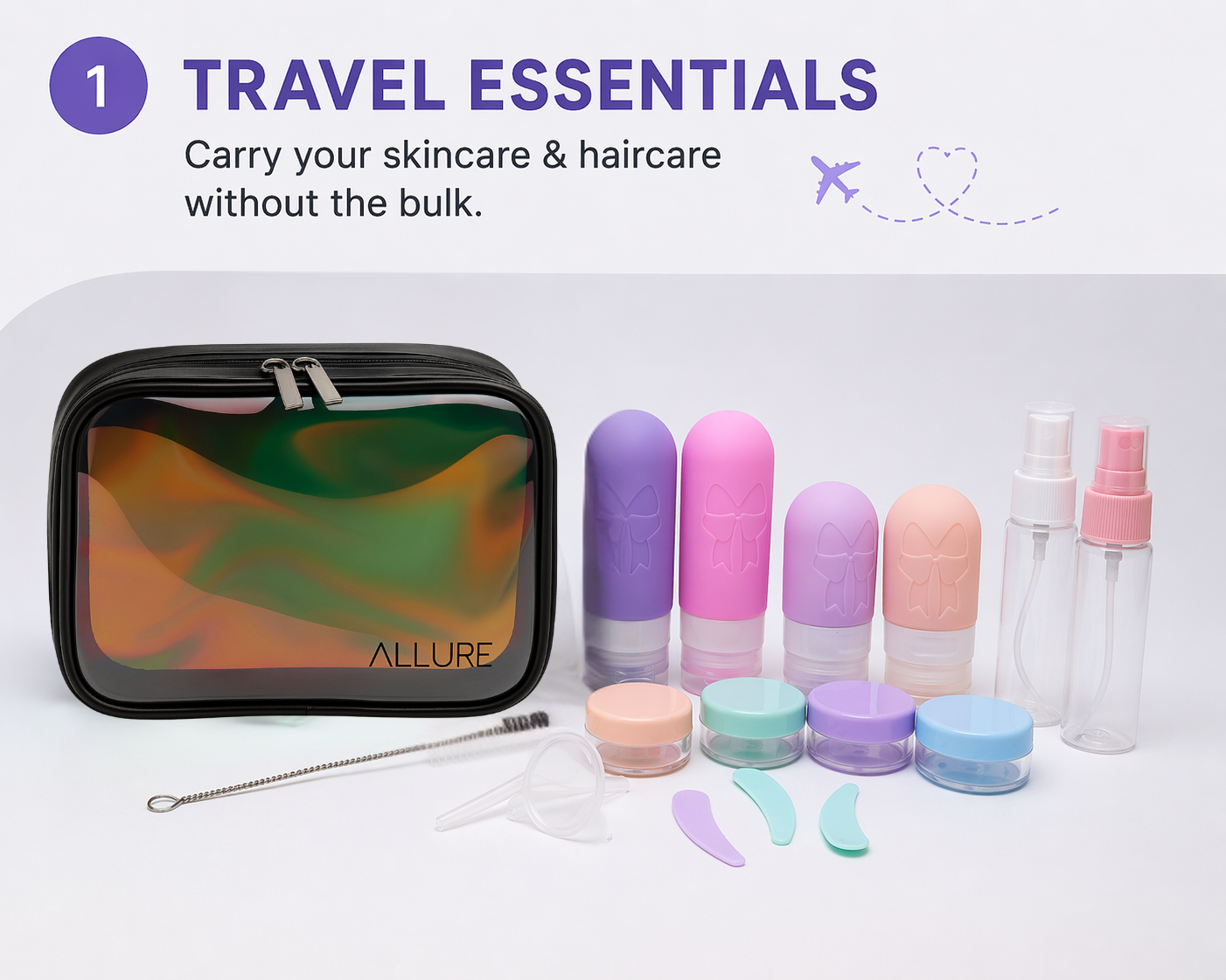 Allure Travel Bottle Set with Cosmetic Storage Bag