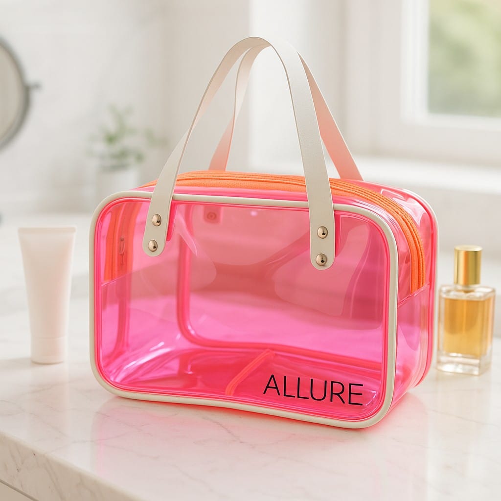 Allure Transparent Pink Travel Toiletry Bag with White Handles (AHBP_06)
