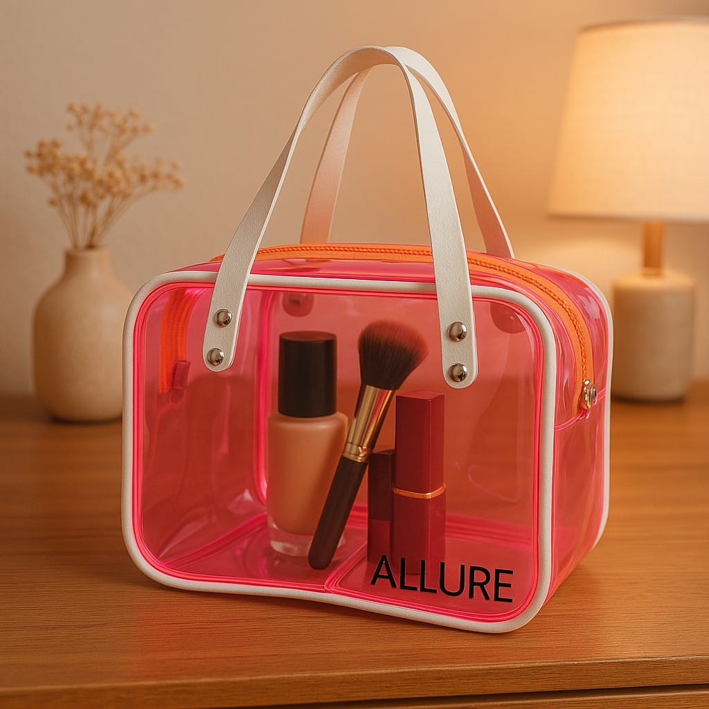 Allure Transparent Pink Travel Toiletry Bag with White Handles (AHBP_06)