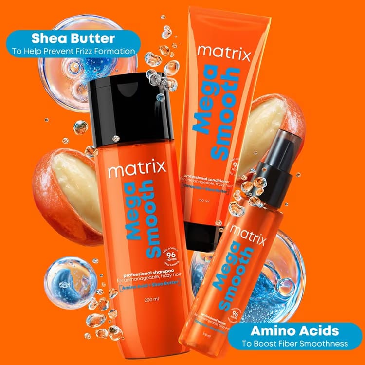 Matrix Mega Smooth Shampoo, Conditioner & Serum Combo, Defy Frizz For 4 Days, For All Hair Types
