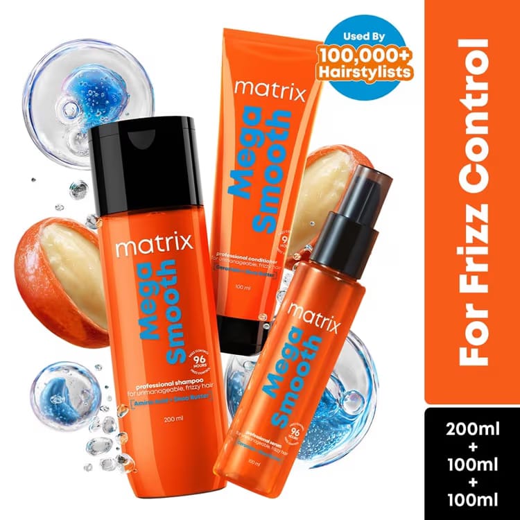 Matrix Mega Smooth Shampoo, Conditioner & Serum Combo, Defy Frizz For 4 Days, For All Hair Types
