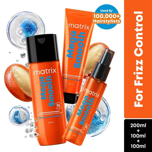 Matrix Mega Smooth Shampoo, Conditioner & Serum Combo, Defy Frizz For 4 Days, For All Hair Types