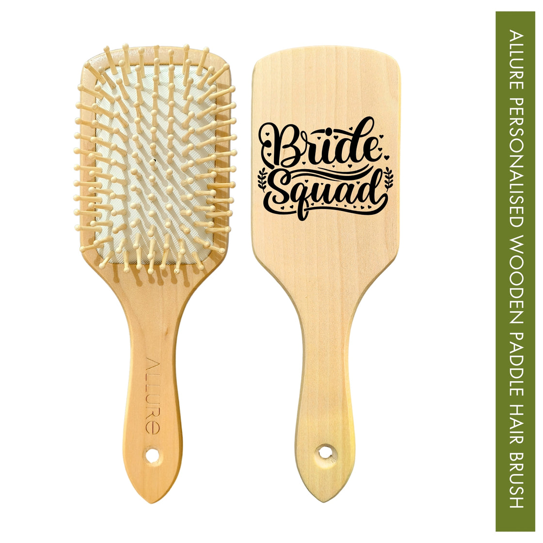 Allure Personalised wooden paddle hair brush with bride squad print