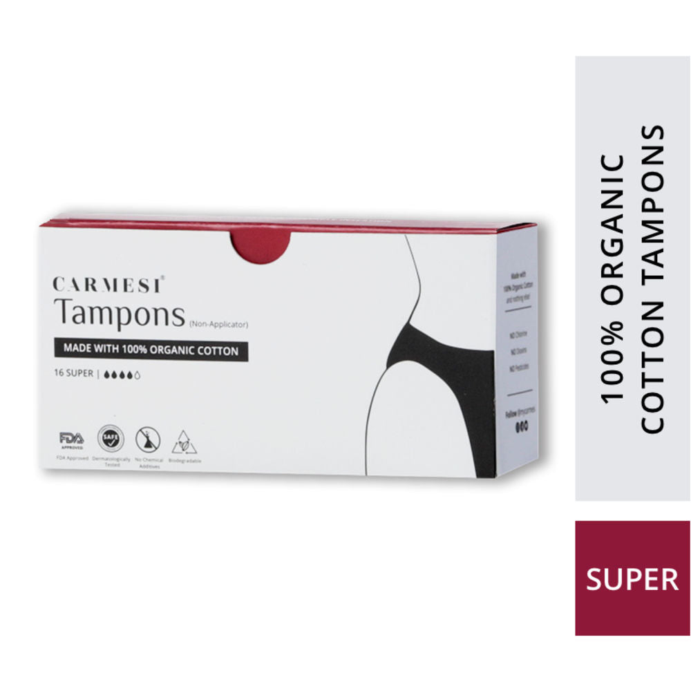 Carmesi Tampons - Made with 100% Organic Cotton - Soft & Rash-Free - Super - Pack of 16