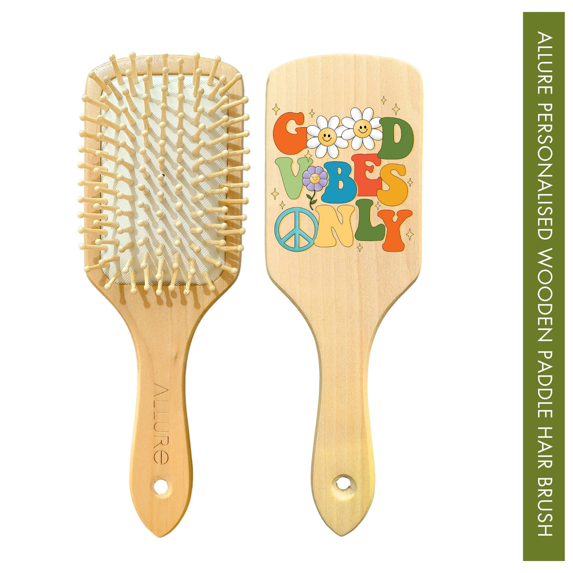 Allure Personalised wooden paddle hair brush with good vibes print